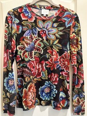 Jade Black Mesh Long-Sleeve Top with Multicolor Floral Print